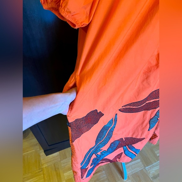 Anthropology One-Shoulder Embroidered Maxi Dress 2 pockets. 100% cotton Orange L - Picture 7 of 13